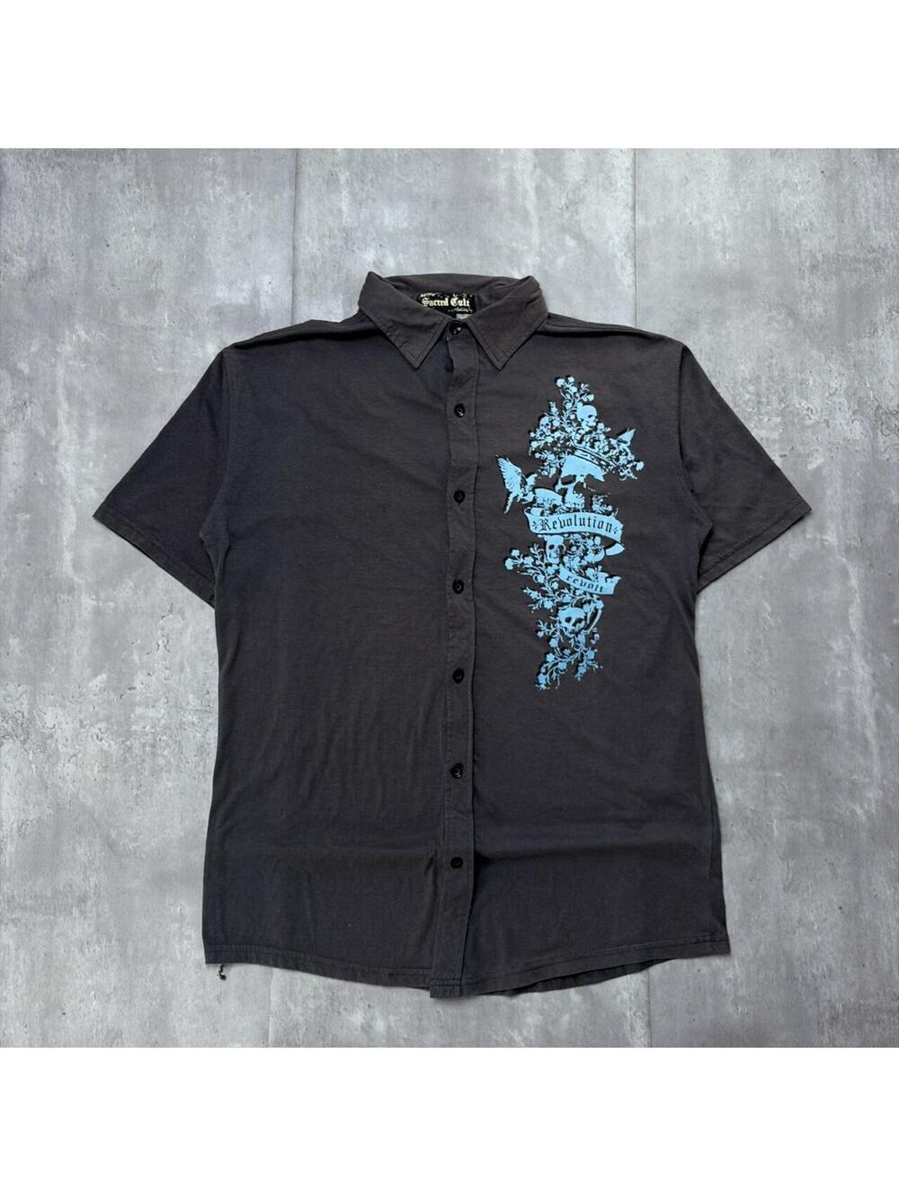 Y2K Gray Sacred Cult Grunge Skull Gothic Skater Button Up Shirt
